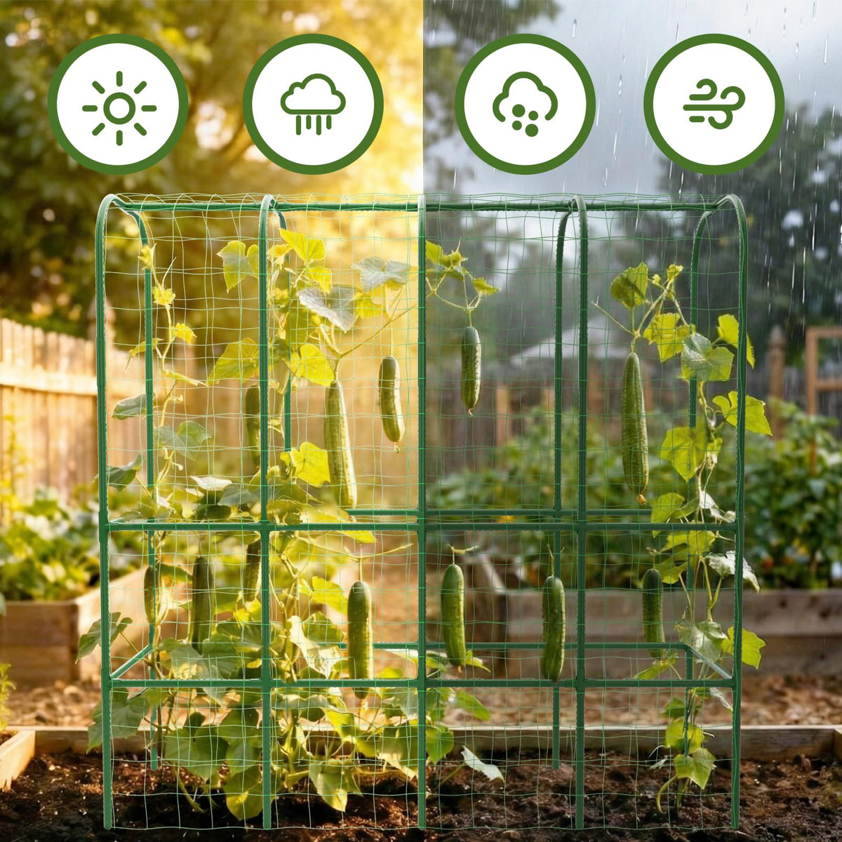 Hoyejyou trellis netting supports dense vine growth for vegetables.