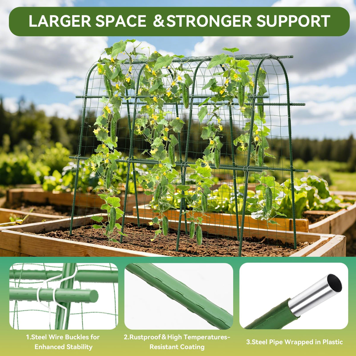Hoyejyou U-frame garden trellis provides stable support for dense plant growth.