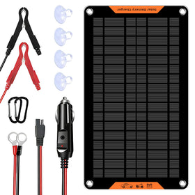 Hoysicy solar car battery charger panel powering a 12V battery in daylight.