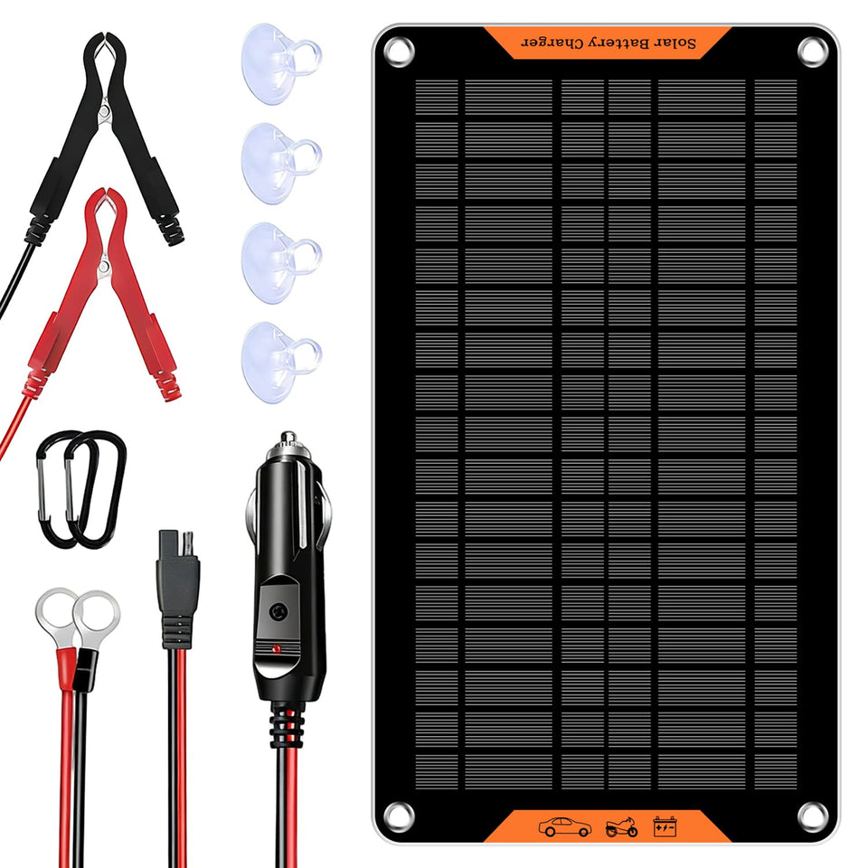 Hoysicy solar car battery charger panel powering a 12V battery in daylight.