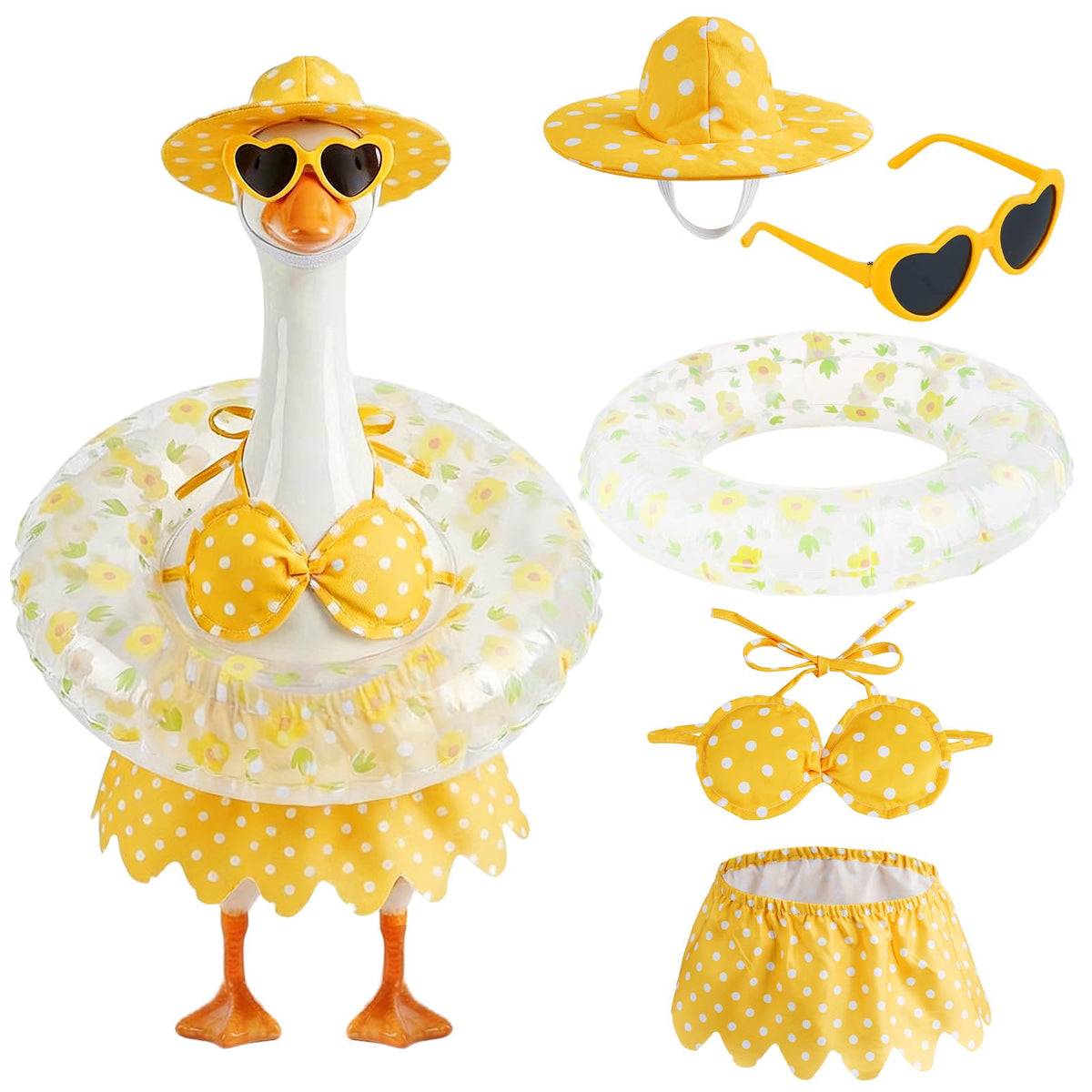 Hoyuwak bikini goose outfit with swim cap enhances outdoor yard decor and summer vibes.