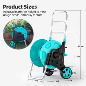 Hozcart hose reel 100ft capacity helps store longer hoses neatly after use.