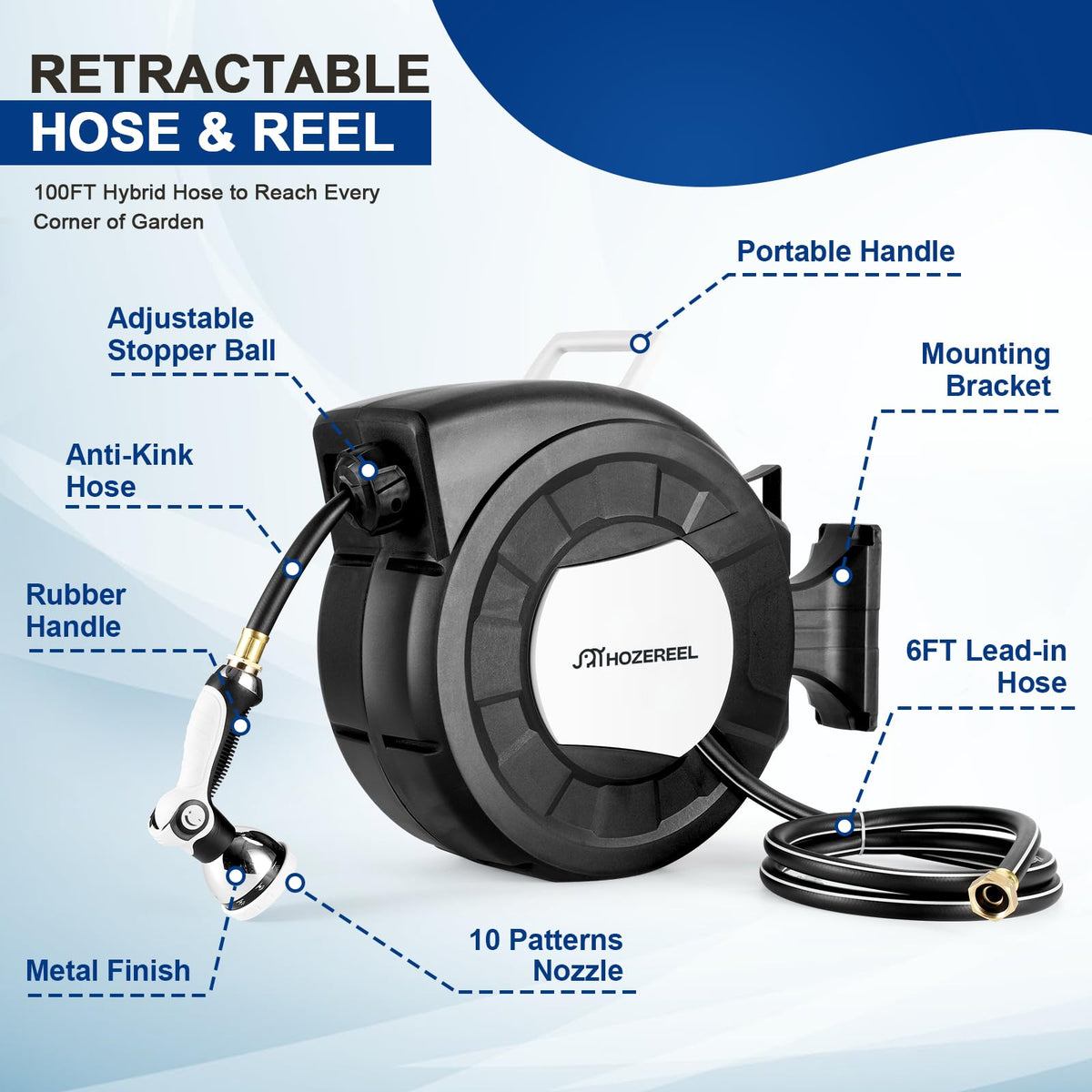 HOZEREEL 180-degree pivot bracket shown for flexible reach around borders.