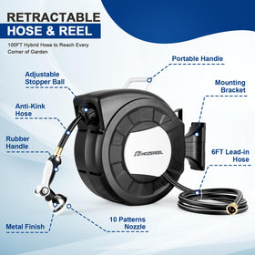 HOZEREEL 180-degree pivot bracket shown for flexible reach around borders.