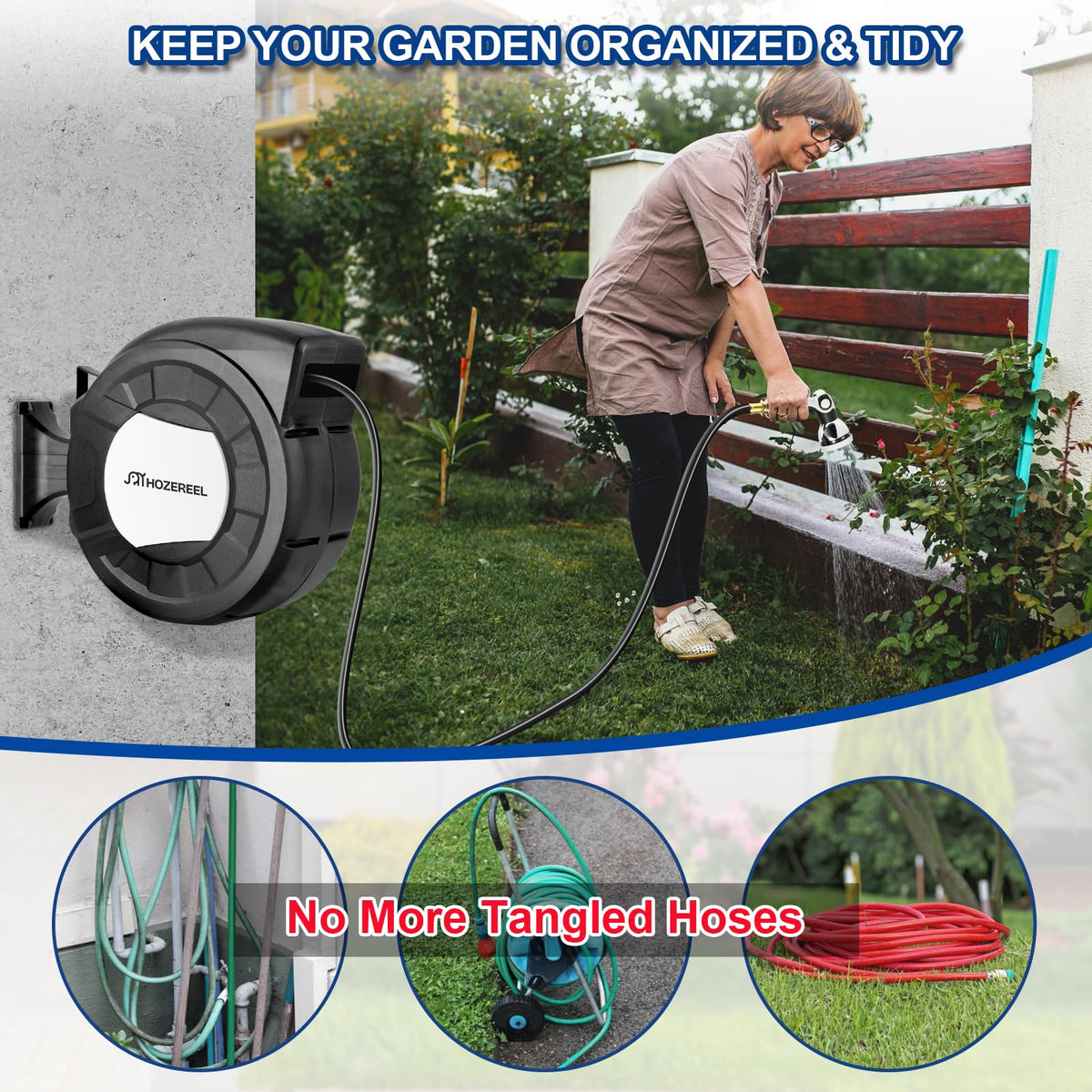 HOZEREEL automatic storage keeps hose neatly coiled after use.