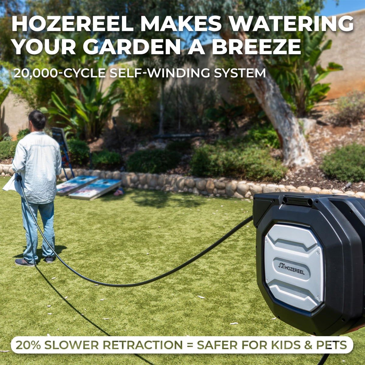 HOZEREEL brass fittings provide durable outdoor connections for weather resistance.