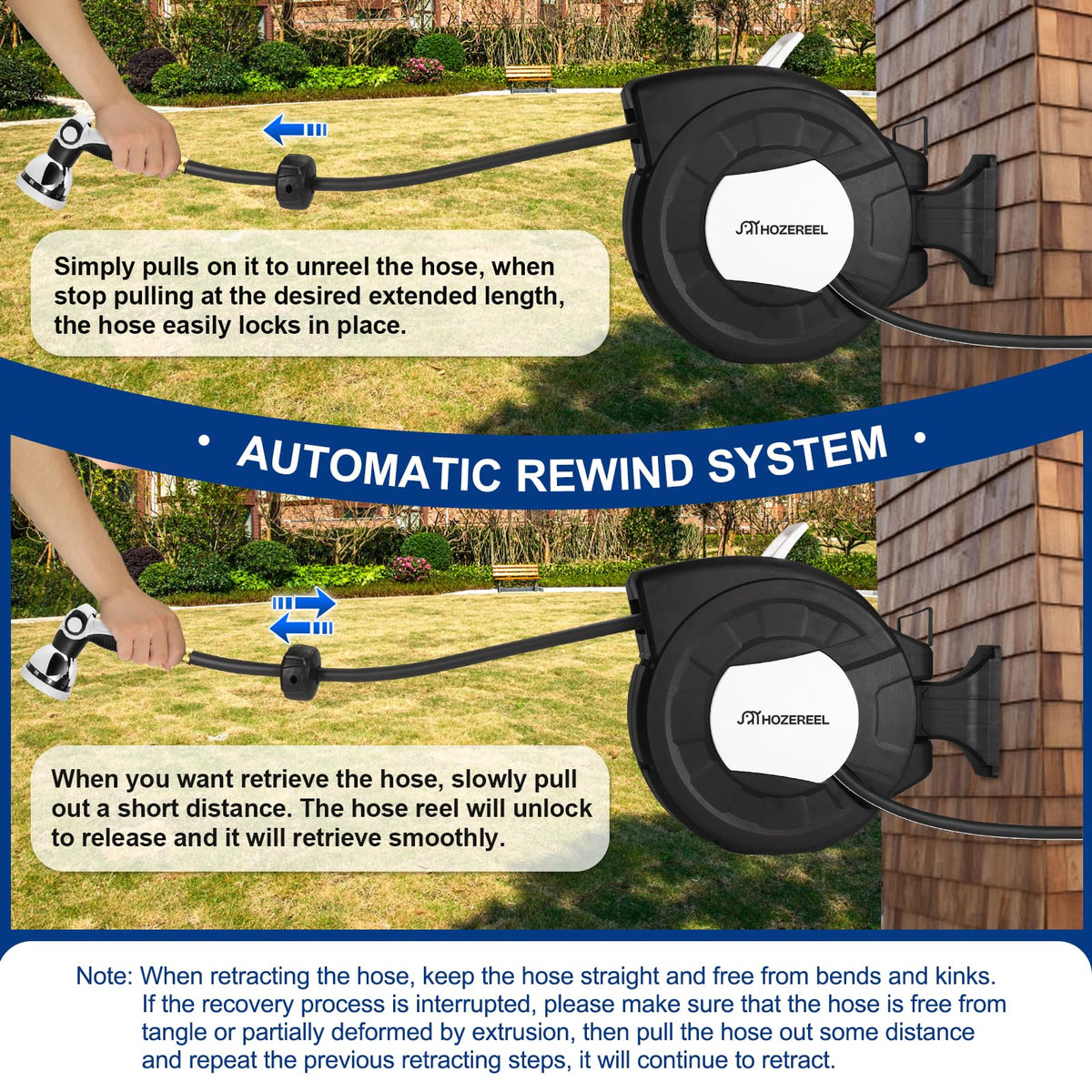 HOZEREEL self-rewind system delivers effortless retraction with a gentle pull.
