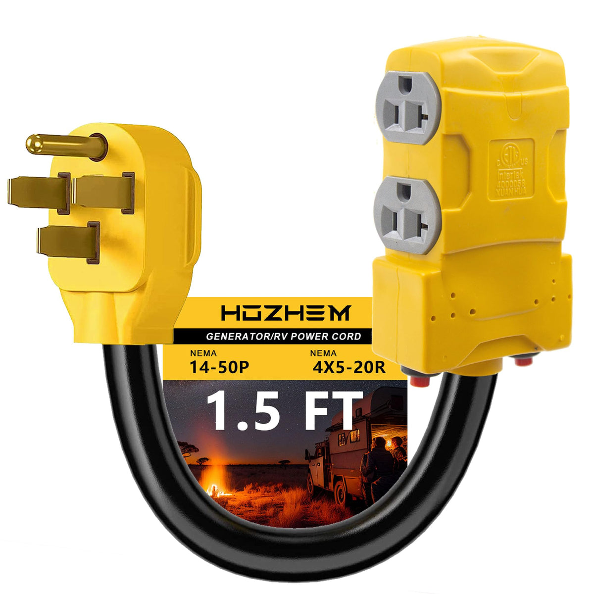 HOZHEM 50A to 20A adapter outlet powering multiple devices at RV sites.