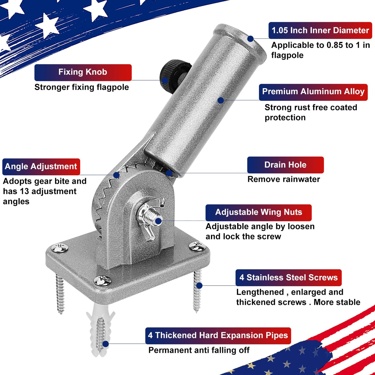 HPGOED drainage-hole flag mount prevents water buildup and rust.