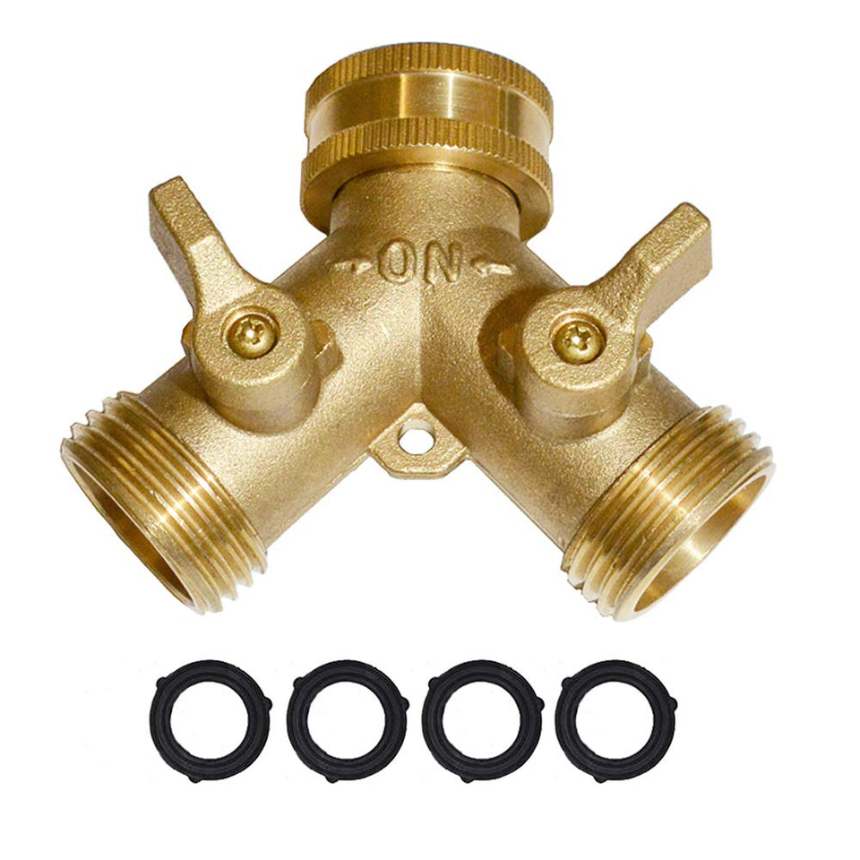 HQMPC brass hose splitter front view shows durable design for easy garden watering.