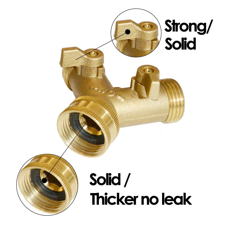 HQMPC brass hose splitter side view highlights sturdy construction for reliable water flow.