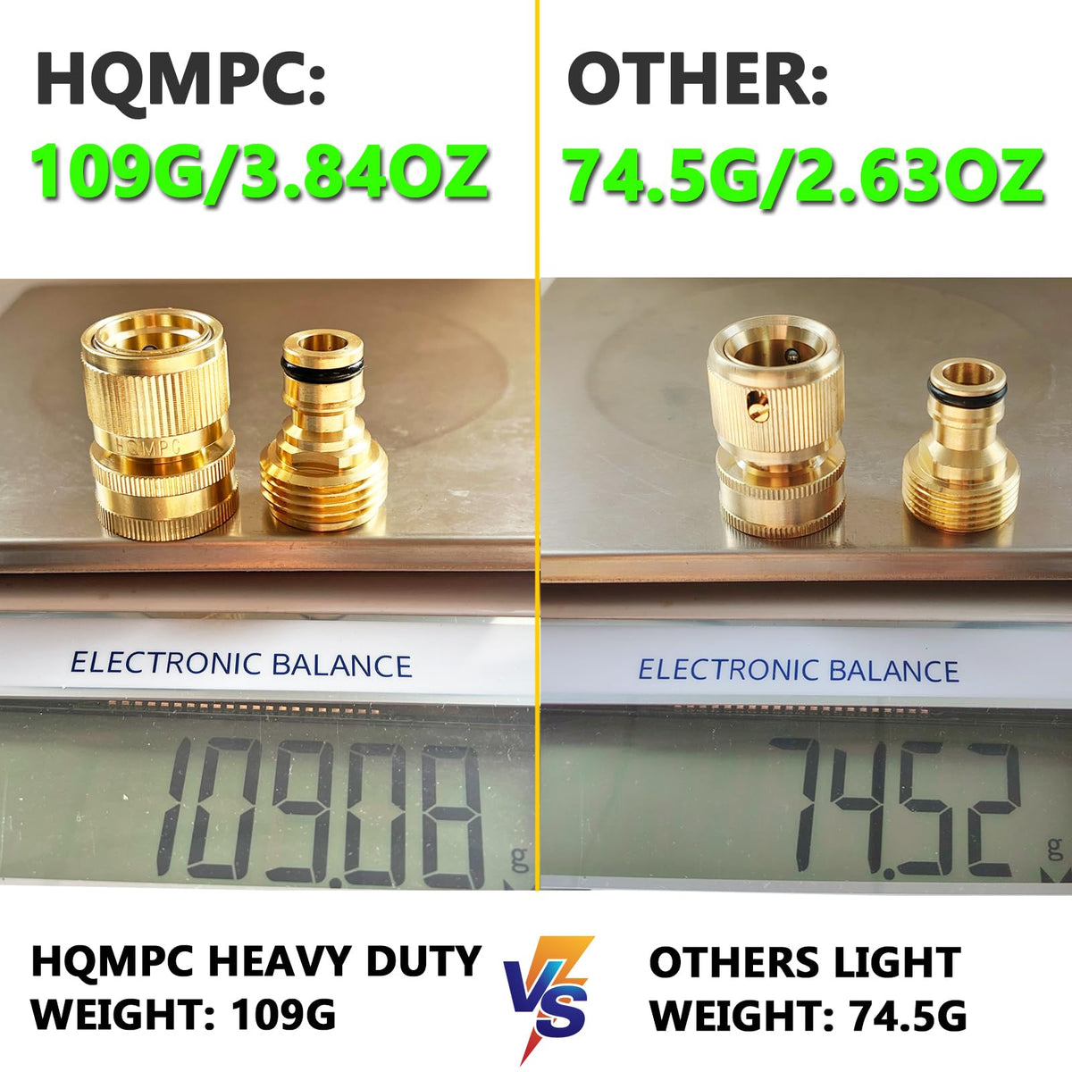 HQMPC brass quick-connect female close-up shows durable fittings.