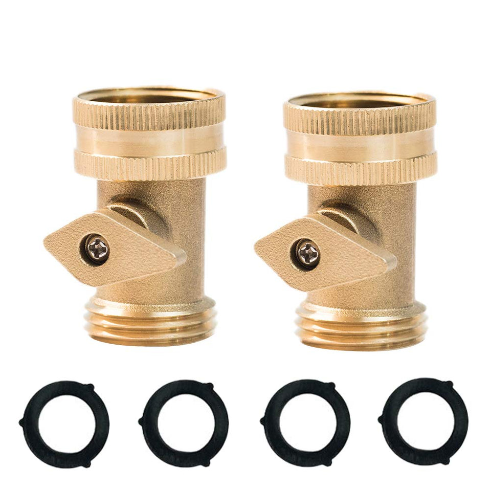 HQMPC brass shut-off valve set; two valves for reliable garden hose control.