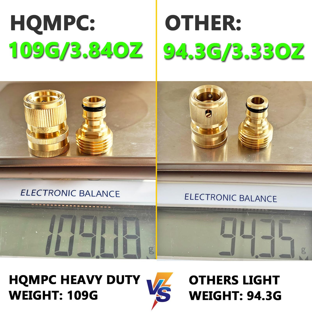HQMPC brass male nipple for quick, durable hose assembly.
