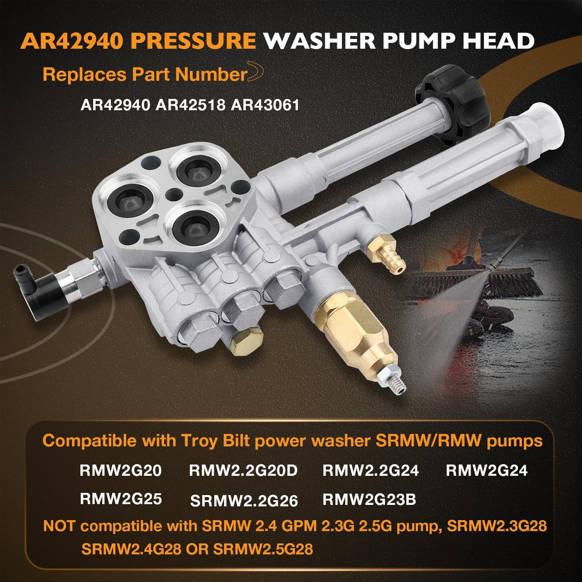 HQPASFY AR42940 pump head side view shows compact, corrosion-resistant design.