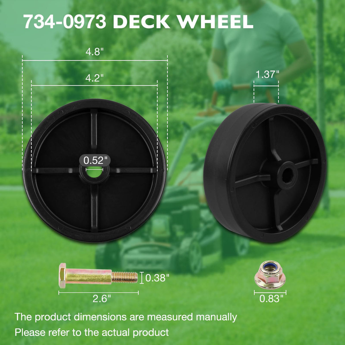 HQPASFY deck wheels side view showing sturdy build for stable mowing.