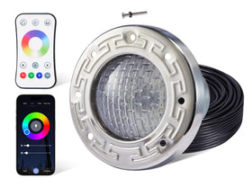HQUA PN04DC in-ground pool light with RGBW color options for evening ambiance.