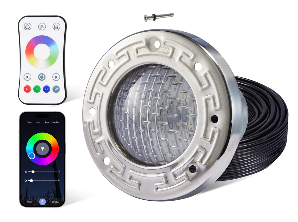 HQUA PN04DC in-ground pool light with RGBW color options for evening ambiance.