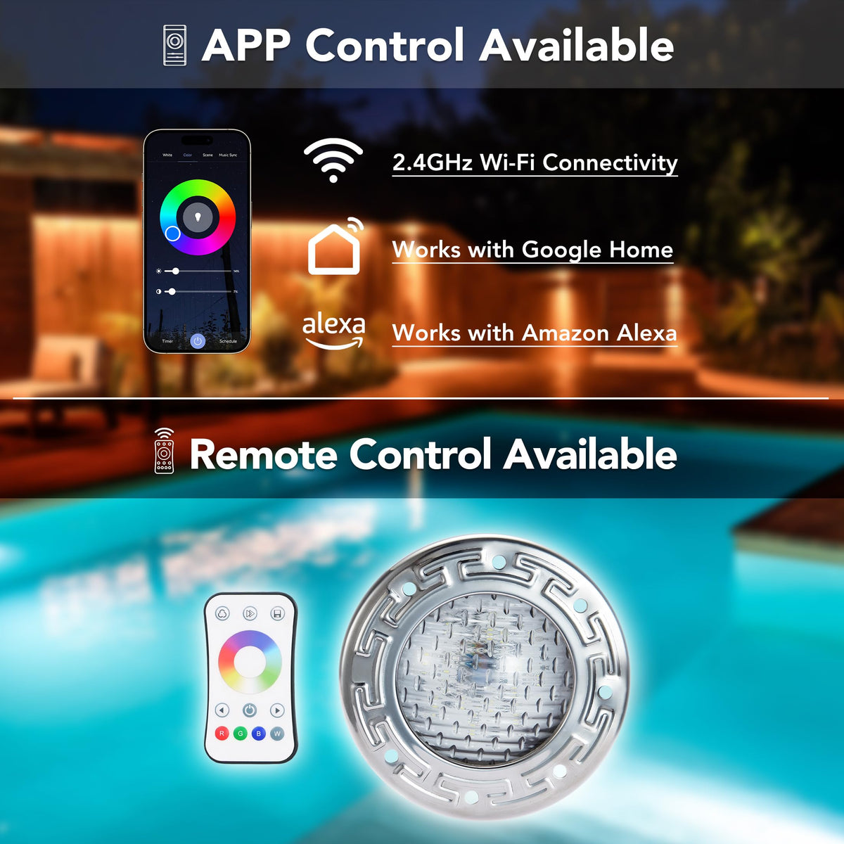 Remote and app control enables synchronized RGBW lighting across PN04DC units.