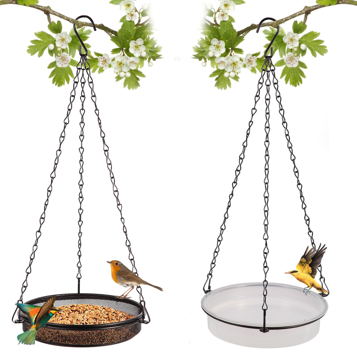 HRAYLTOP 2-in-1 hanging bird feeder and bath for outdoor use.
