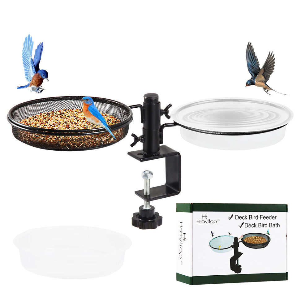 HRAYLTOP deck bird feeder with metal mesh tray attracts small birds to outdoor spaces.