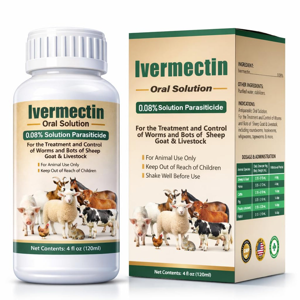 HSL Ivermectin bottle label showing safe worming for sheep, goats and poultry