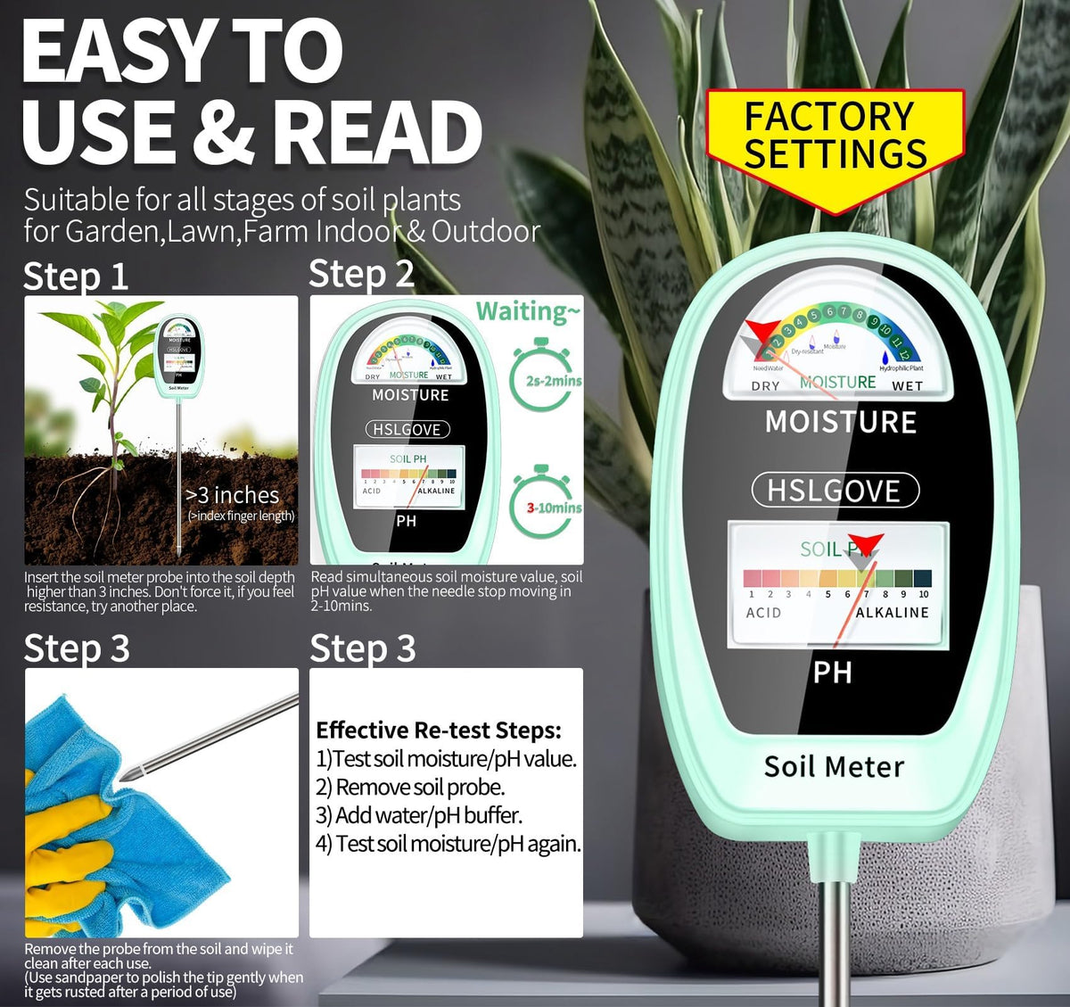 HSLGOVE battery-free design for simple, maintenance-free gardening readings.