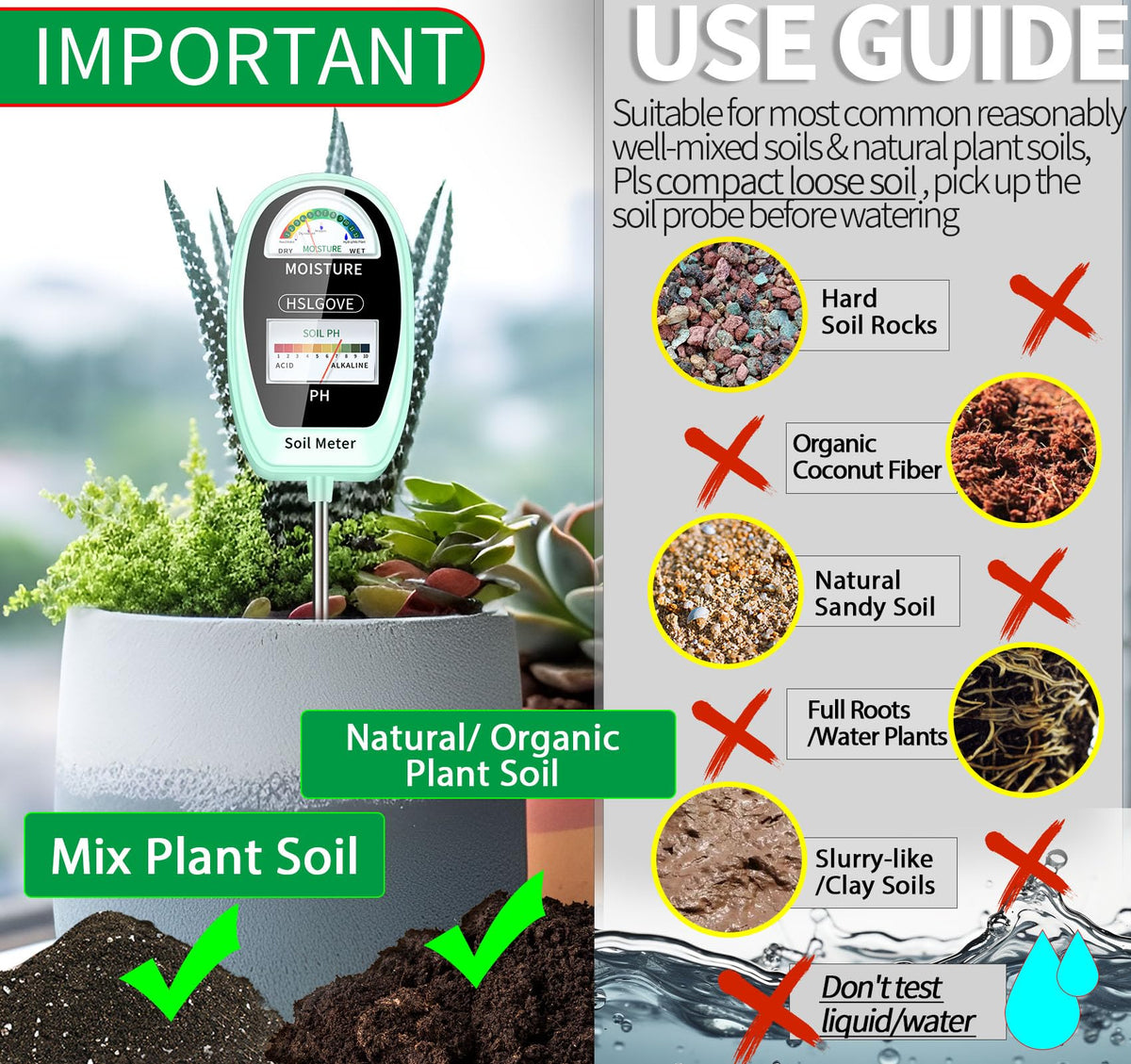HSLGOVE moisture meter probe inserted in soil for quick, accurate readings.
