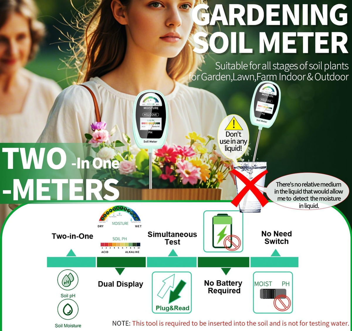 HSLGOVE 2-in-1 tester beside pot shows soil moisture and pH levels for healthier plants.