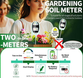 HSLGOVE 2-in-1 tester beside pot shows soil moisture and pH levels for healthier plants.