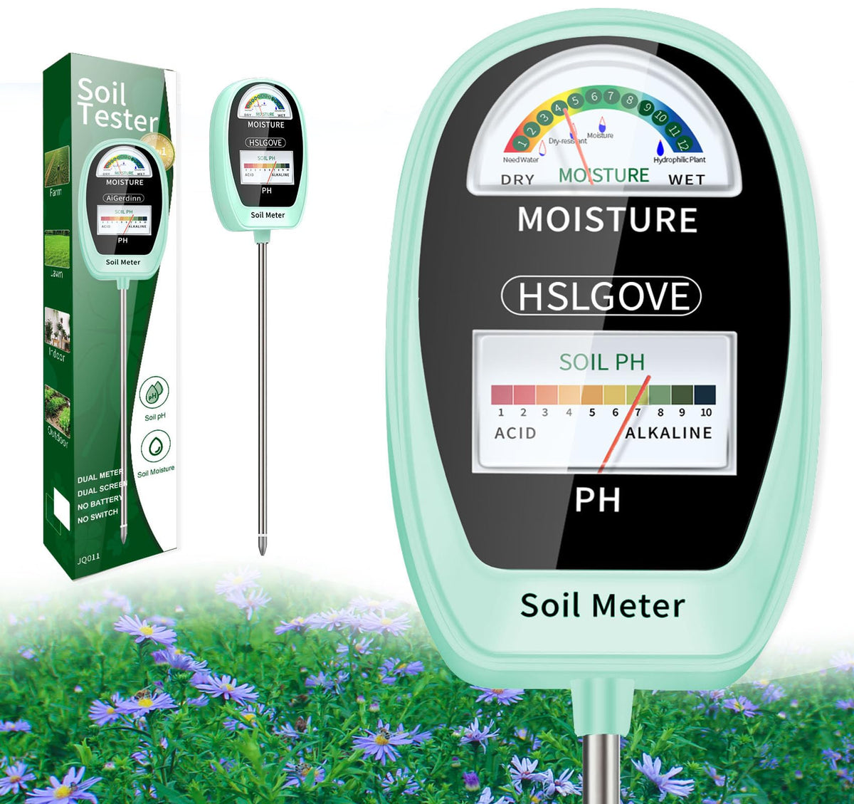 HSLGOVE soil test kit with dual-dial display reveals moisture and pH at a glance.