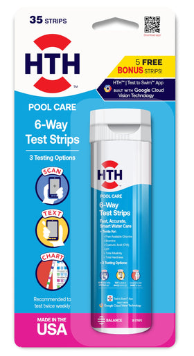 HTH 1279R pool care 6-way test strips kit ready for quick, accurate checks.