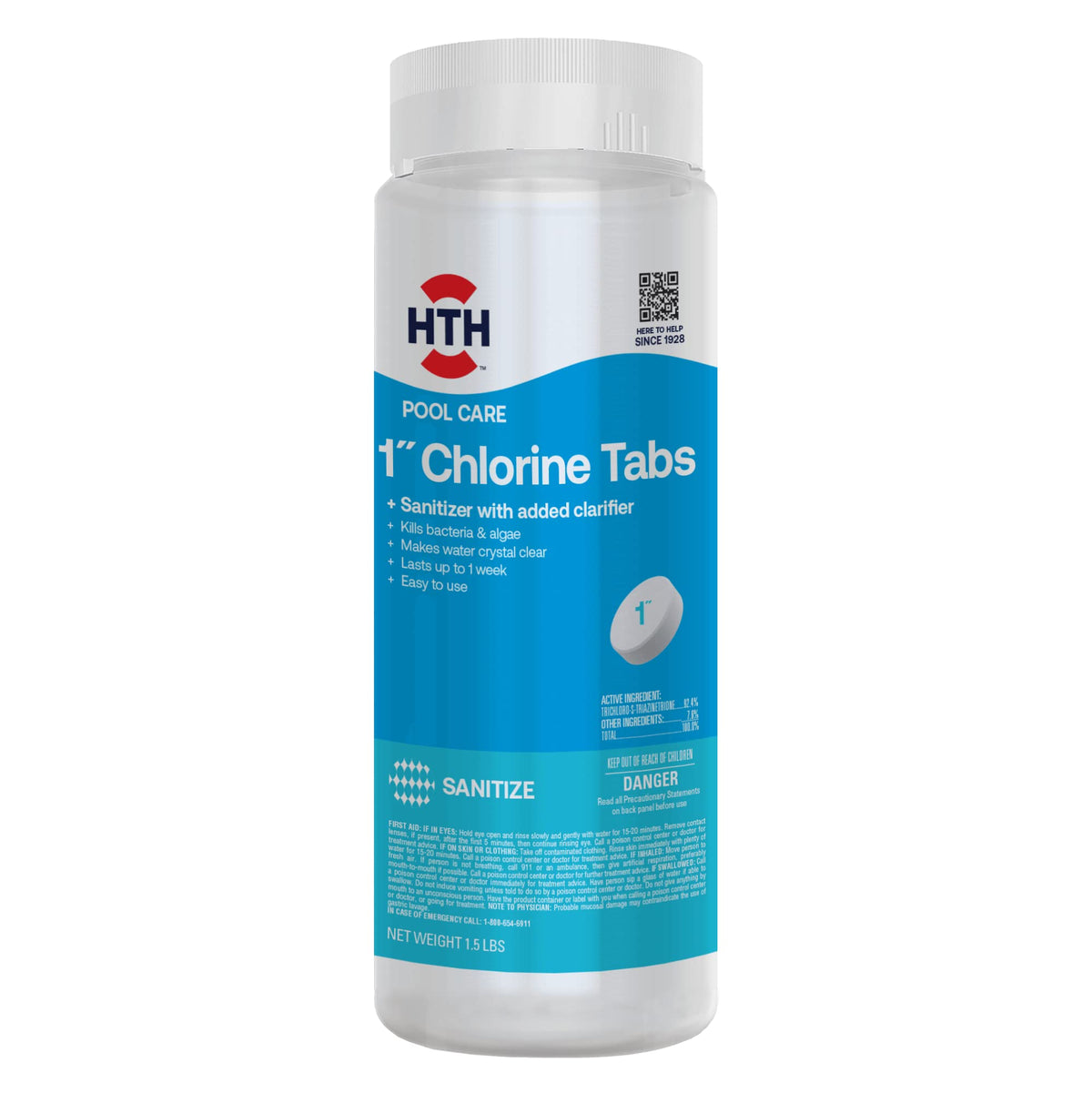 HTH 42049 chlorine tabs bottle closeup for long-lasting pool sanitation