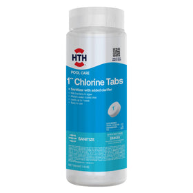 HTH 42049 chlorine tabs bottle closeup for long-lasting pool sanitation
