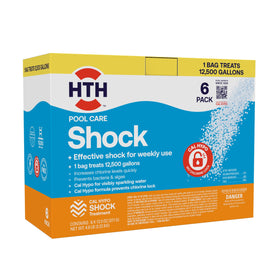 HTH 52030B shock bottle front shows Cal Hypo formula for quick pool care.