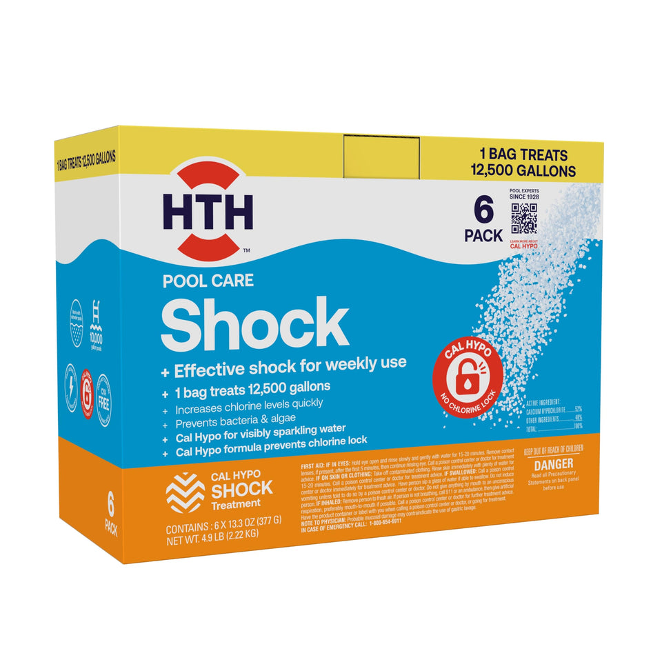 HTH 52030B shock bottle front shows Cal Hypo formula for quick pool care.