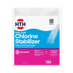 HTH 67061 stabilizer bottle shown for pool care and chlorine protection