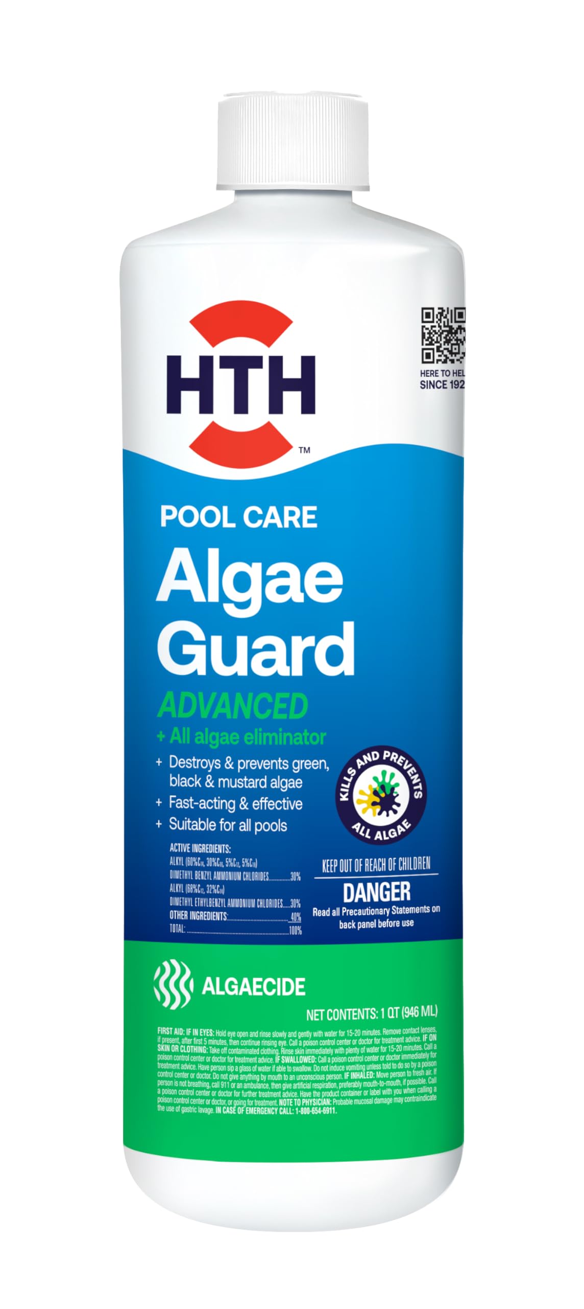 HTH Algae Guard Advanced bottle pour showing fast-acting algae control for crystal clear pool water