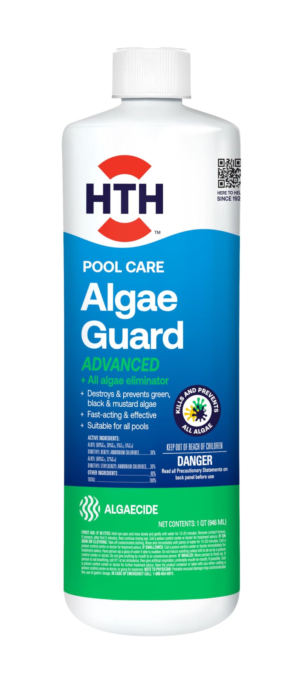 HTH Algae Guard Advanced bottle pour showing fast-acting algae control for crystal clear pool water