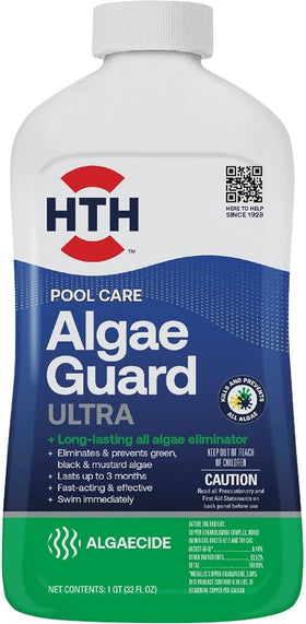 HTH Algae Guard Ultra bottle close-up shows long-lasting algae control for pools.