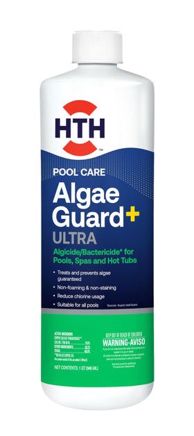 HTH Algae Guard Ultra bottle close-up showing long-lasting algae protection for pools