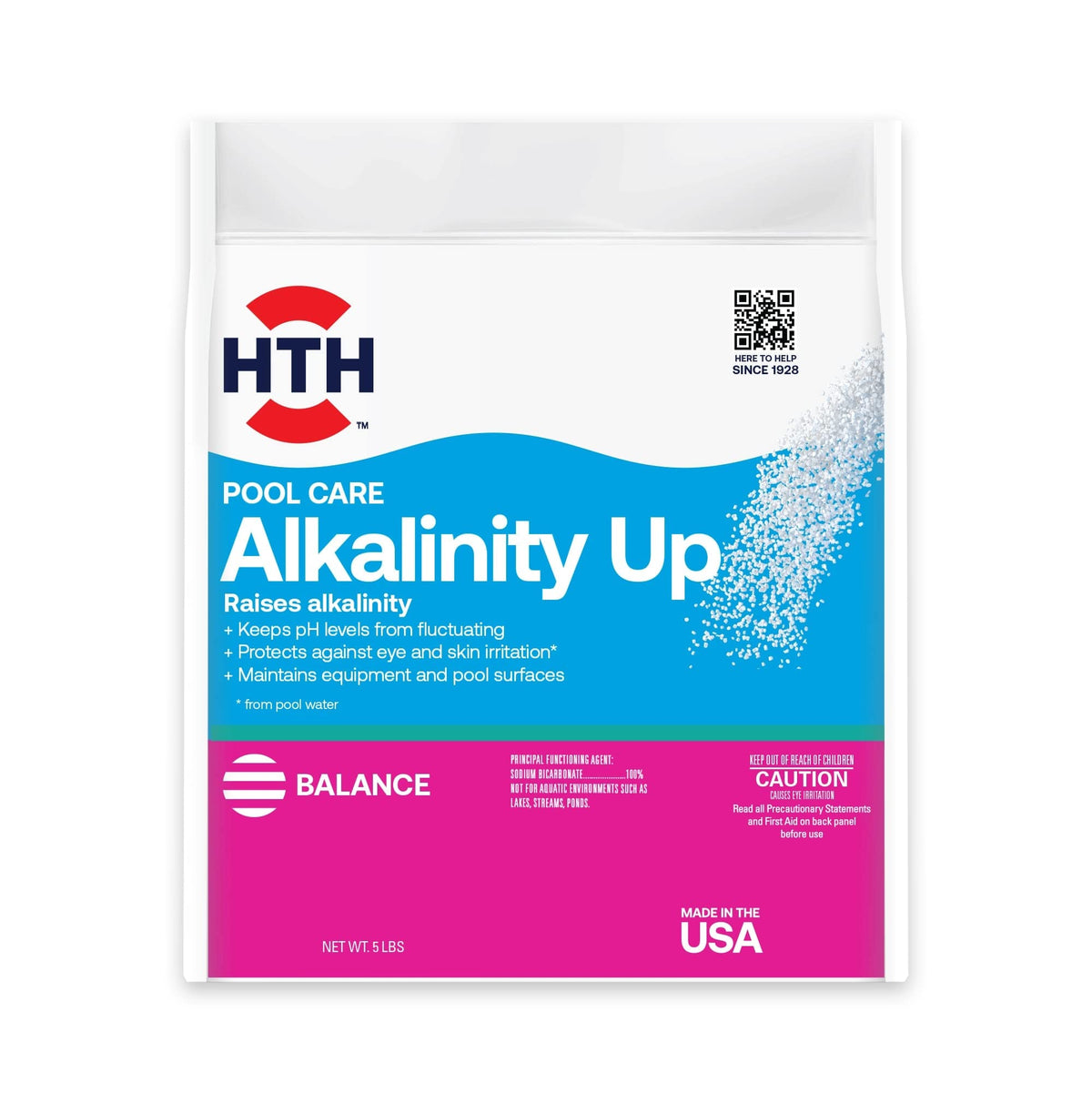 HTH Alkalinity Up bottle label detail highlighting benefits and usage