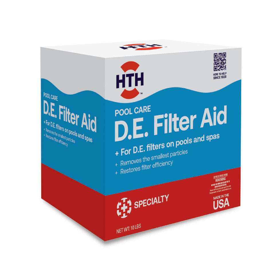HTH D.E. filter aid 10lb container improves pool filtration and clarity