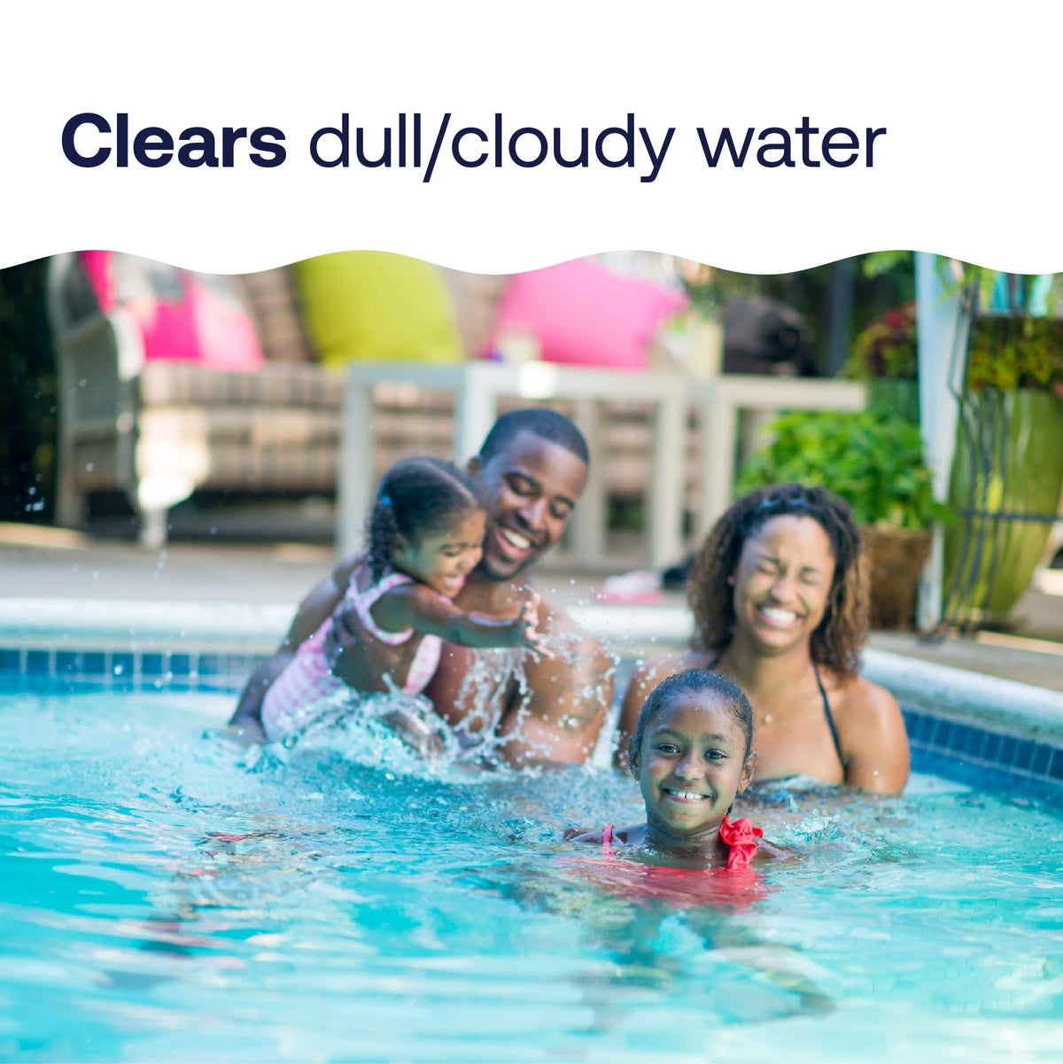 HTH Drop Out Flocculant application direct-to-water illustrates easy pool treatment.