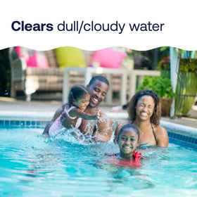 HTH Drop Out Flocculant application direct-to-water illustrates easy pool treatment.