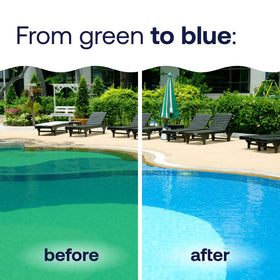 HTH Green to Blue Pack II flocculant settles debris for easy vacuuming.