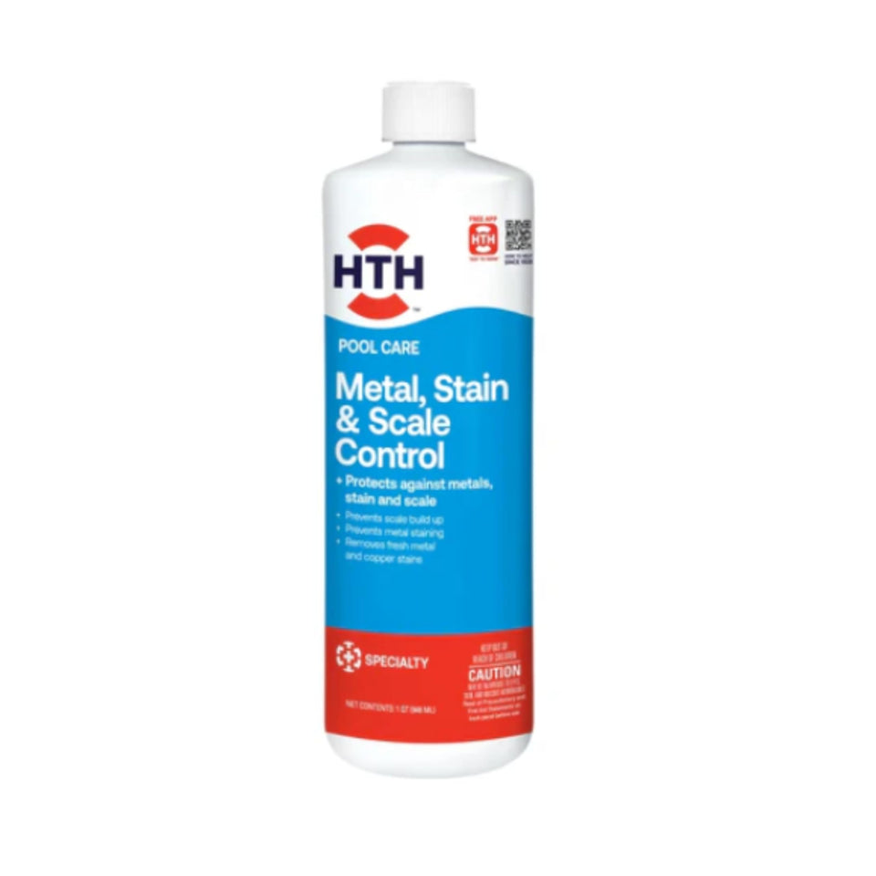 HTH Metal & Stain Defense bottle ready for pool treatment to prevent metal staining.