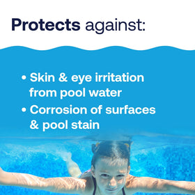 HTH Pool Care pH Down bottle label shows usage directions and safety notes.