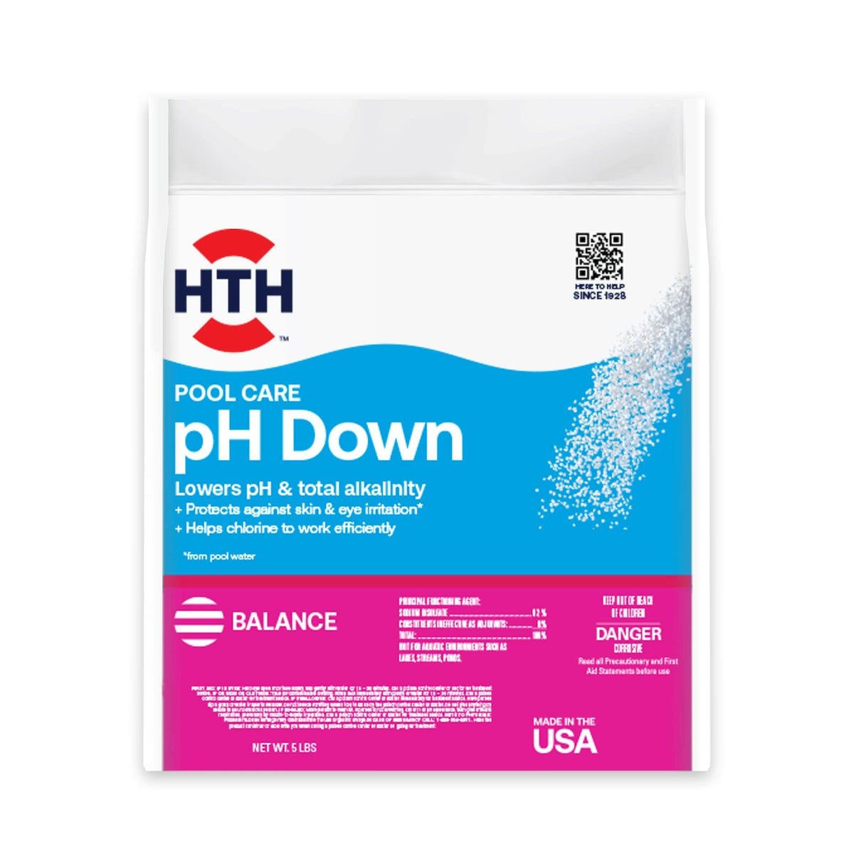 HTH Pool Care pH Down bottle pour for quick pH balance in pool.