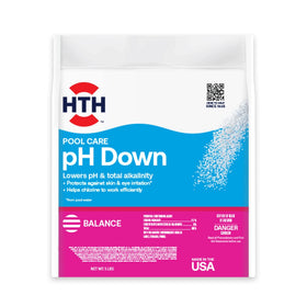 HTH Pool Care pH Down bottle pour for quick pH balance in pool.